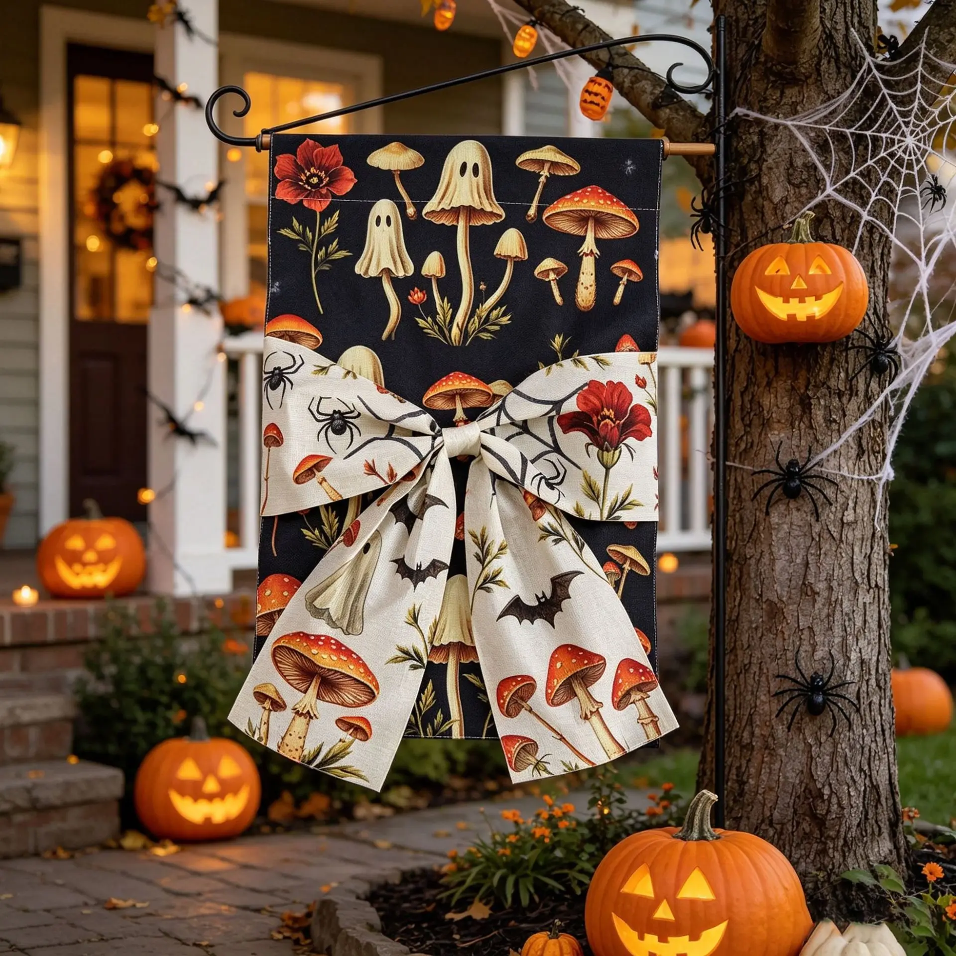 2 Stück Halloween Gartenläufer Digital Bedruckt Doppelseitiger Leinenstoff Schleifendekoration Hofläufer – Detail 4