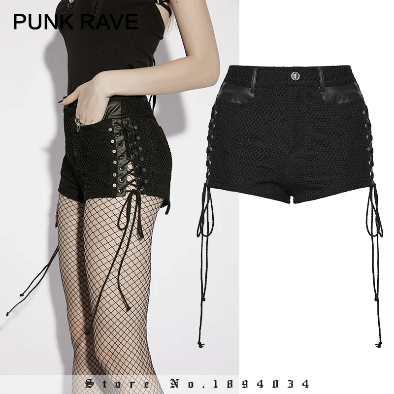 

Женские шорты PUNK RAVE в стиле панк с рваными элементами, декадентской сеткой, двойными разрезами, завязками и крестообразными заклепками, для создания дерзкого образа