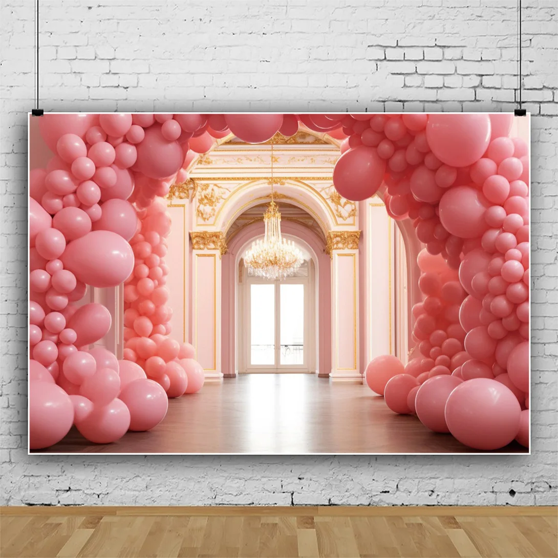 Pink colorful Birthday Party Photography Backdrop For Baby Shower Newborn Cake Decor Banner 3D Balloon castle Flower Background