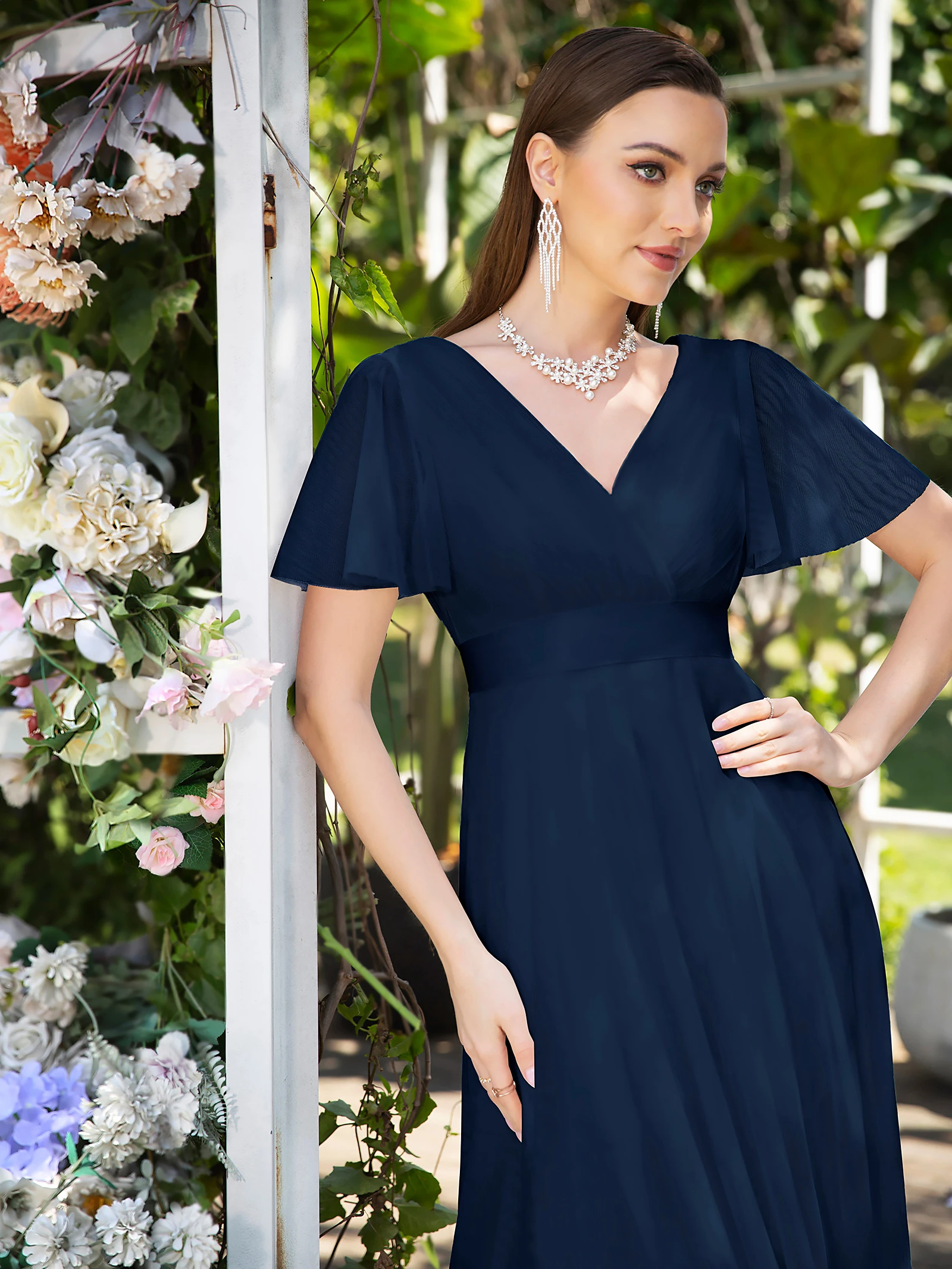 Eleganti abiti da sera impero con volant in tulle maniche corte scollo a V abiti da ballo senza schienale abito da sposa da sposa a-line fino al pavimento