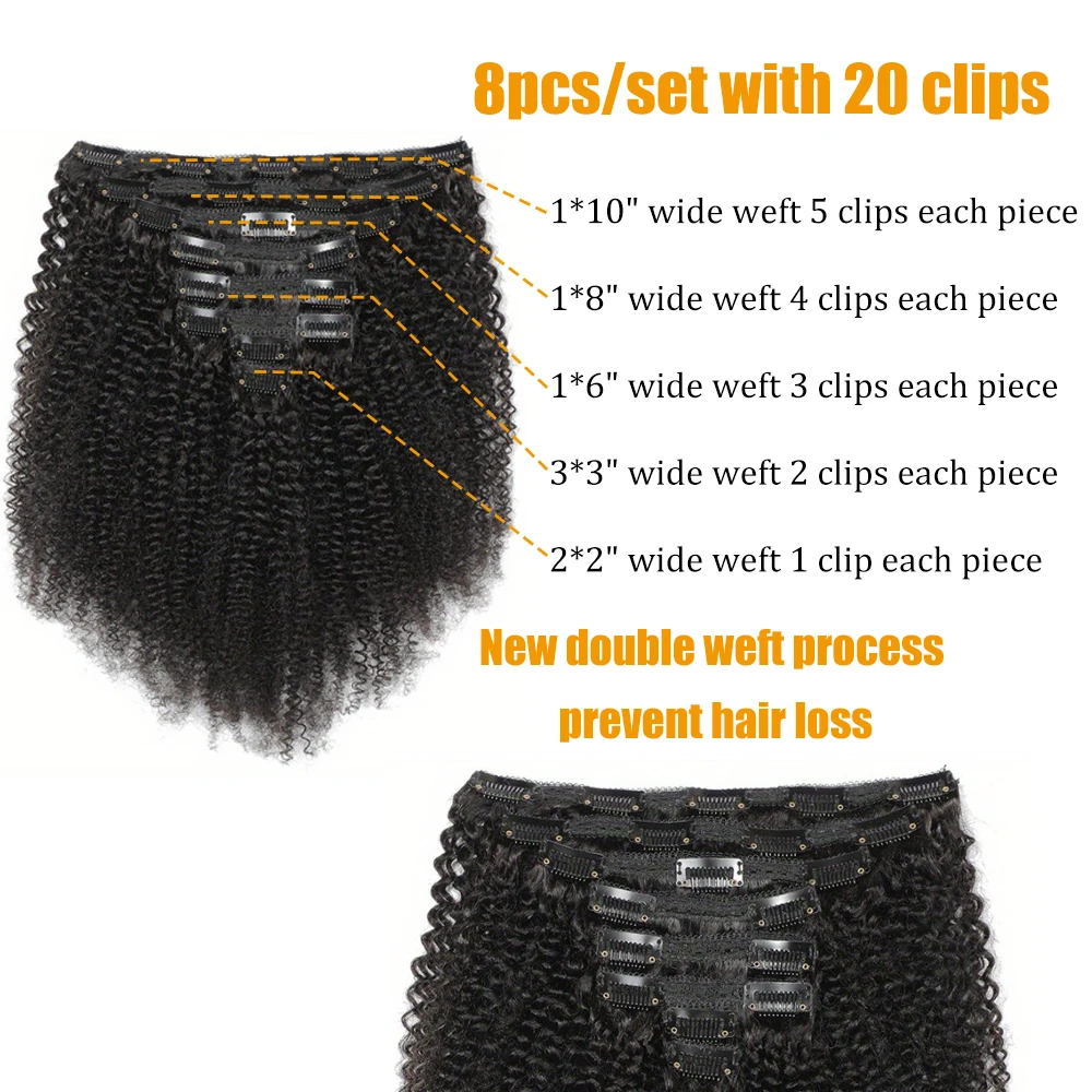 Afro Kinky Curly Clip in Hair Extensions Human Hair 12A Brazilian Remy Hair Kinky Curly Clip Ins for Women Natural Color