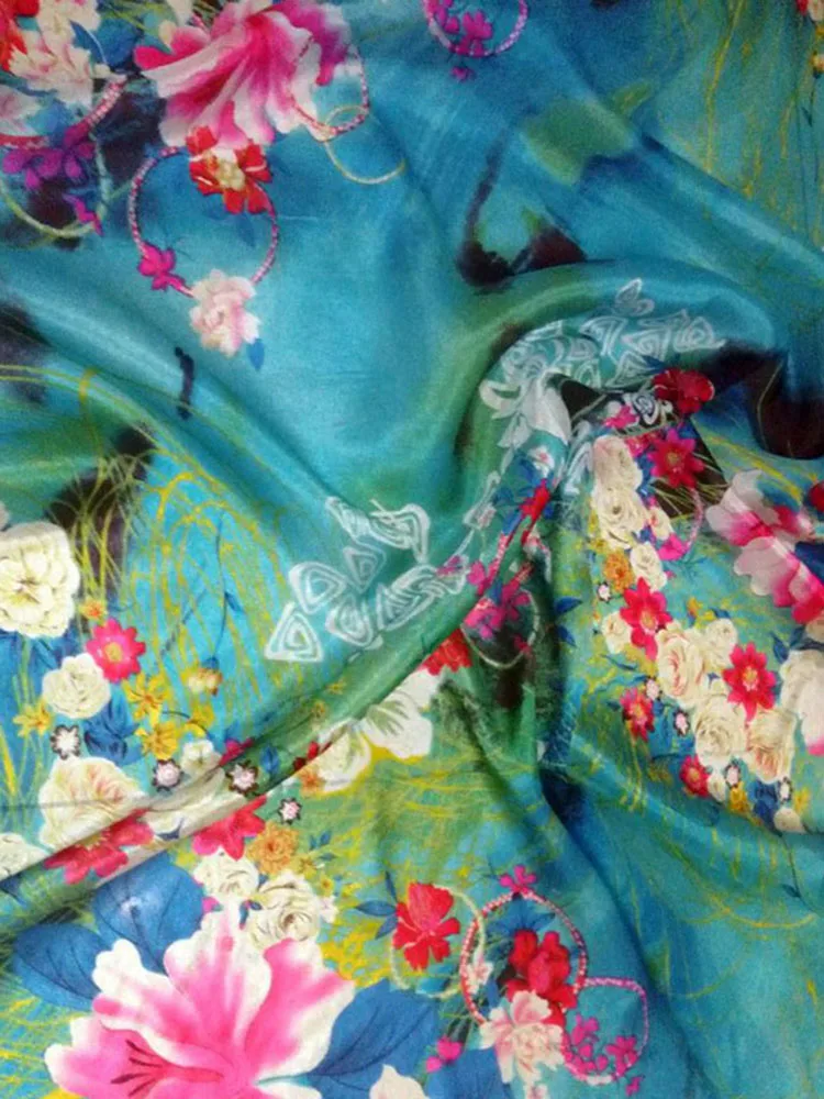 Pure Natural Silk Wide Blue Flowers Super 100% Mulberry Silk Chiffon Prints Fabric Textile For Dress Cloth Scarf African Fabric