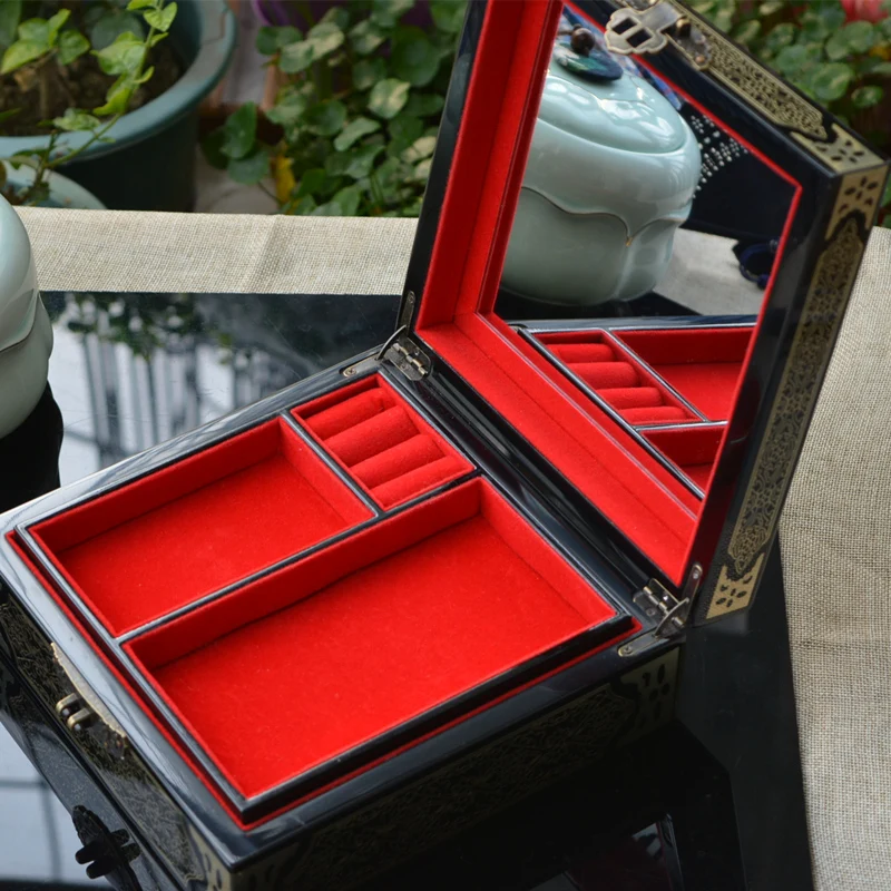 Vintage Filigree Jewelry Box with Copper Wire Inlaid Shells High Gloss Piano Lacquer Pingyao Polished Lacquerware