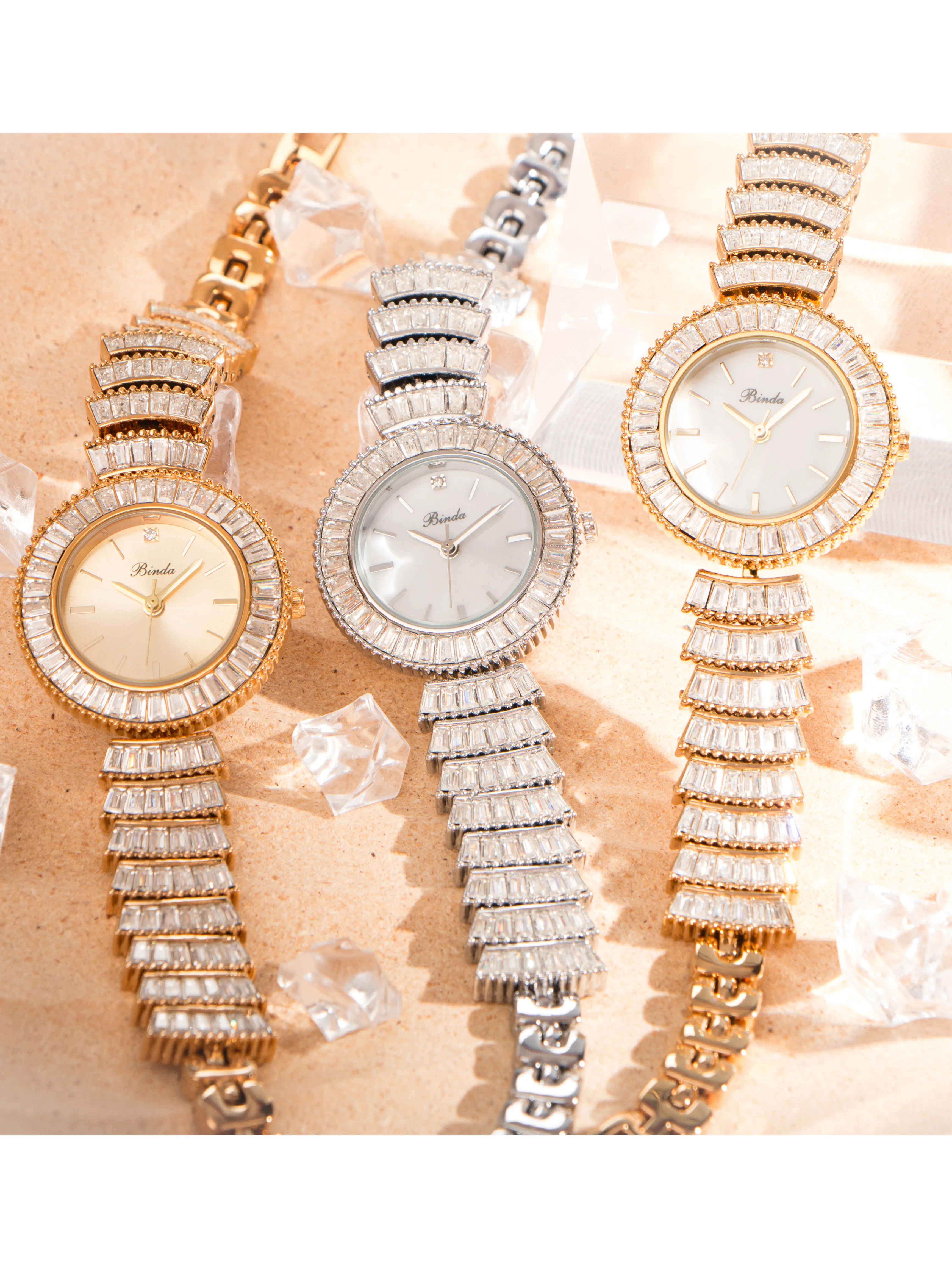 【Binda】Relógio feminino de quartzo à prova d'água com incrustação de diamante completo, design brilhante de luxo, caixa de presente, perfeito para uso diário, presente
