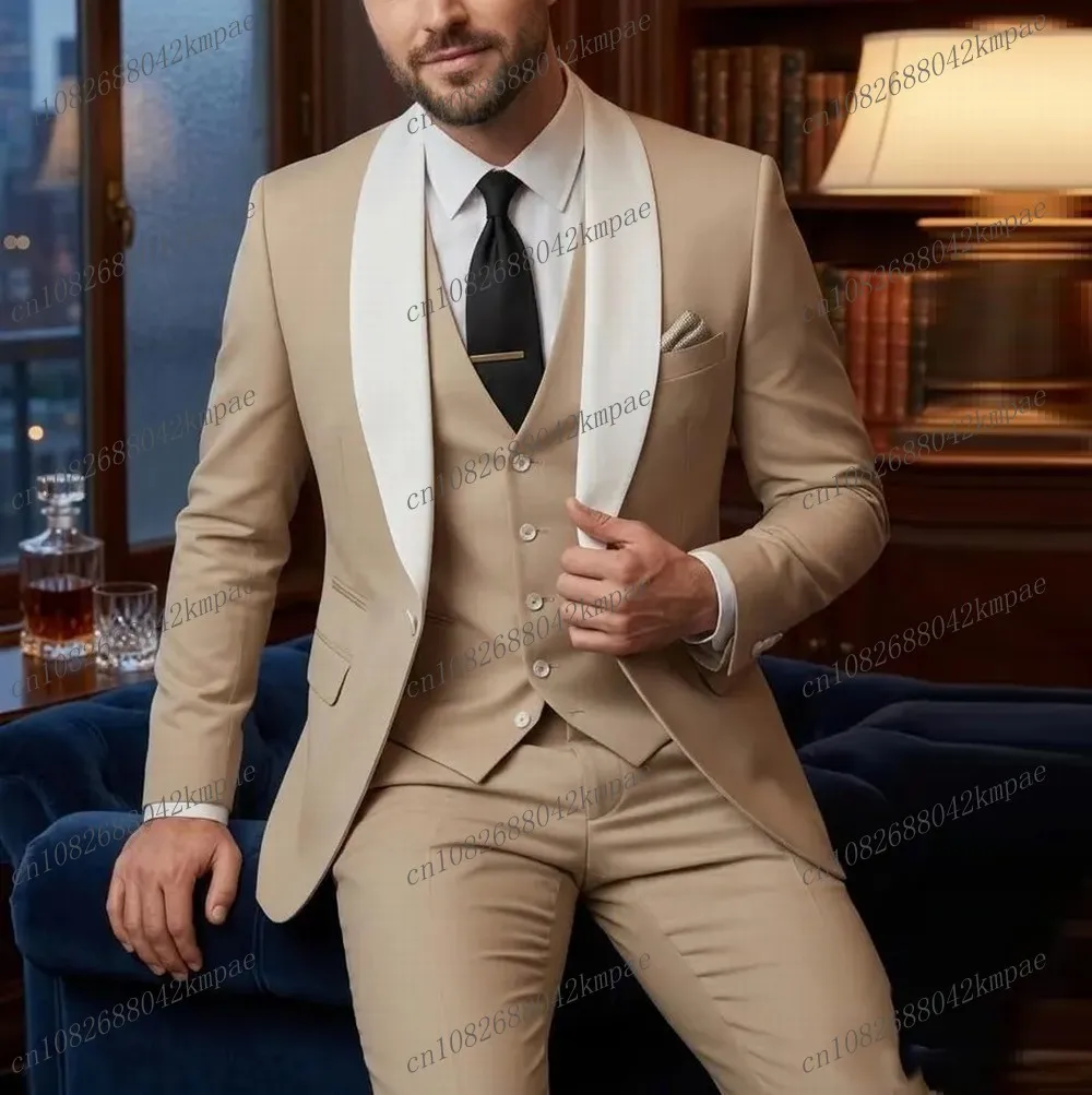 

White Collar Beige Men Suit Formal Groom Groomsman Wedding Party Prom Male Business Tuxedos 3 Piece Set Blazer Vest Pants
