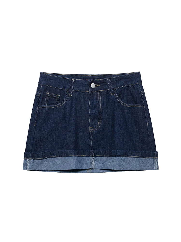 

KUCLUT Women Fashion Denim Navy Blue Front Zipper Mini Skirt Vintage High Waist Female Chic Lady Skirts