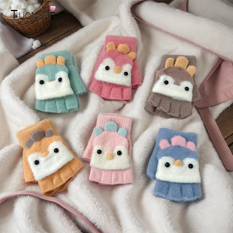 TUONXYE 2 Paar Kinderhandschuhe Winter Warm Strick 2–6 Jahre Junge Mädchen Kinderhandschuh Niedlicher Pinguin Halbfinger Flip Cover Outdoor-Fäustlinge