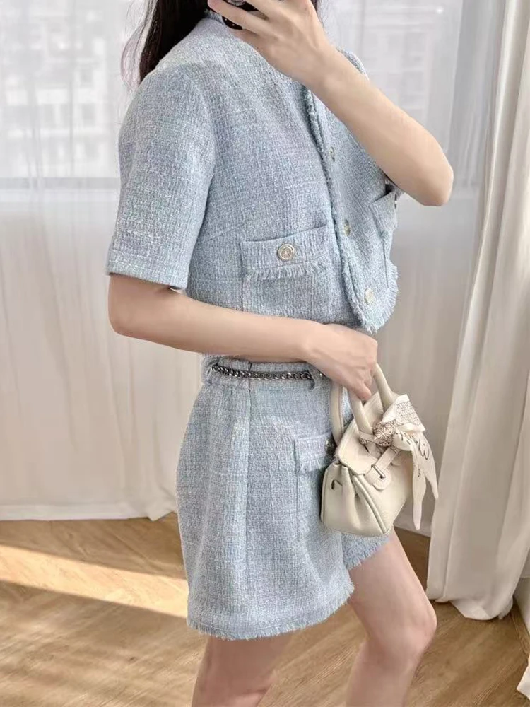 

2025 Spring Summer New Fashion Blue Tweed Set Women Temperament Short Sleeve Coat Or High Waist Shorts or Metal Chain Long Pants