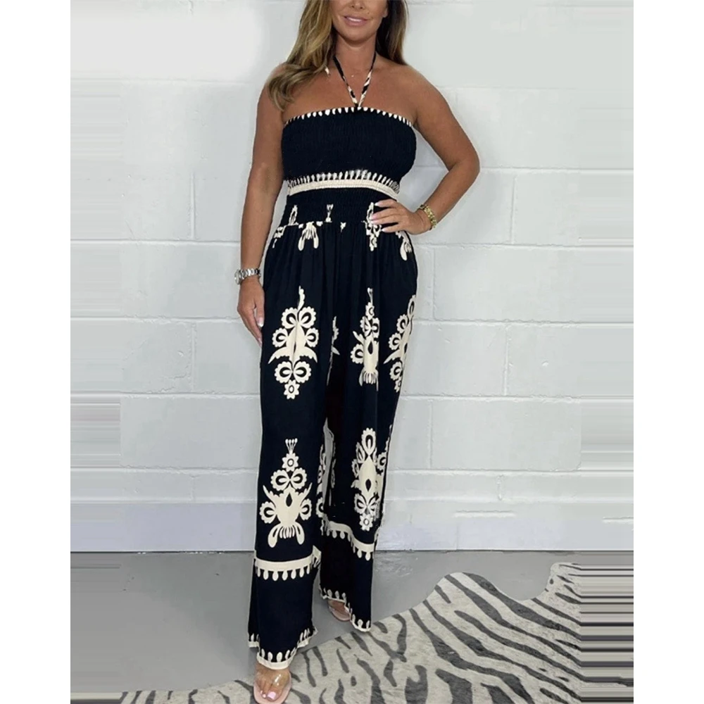 

Women All Over Print Shirring Halter Jumpsuits Summer Casual Lady Wide Leg Jumpsuit One Piece 2024 New in Clothing