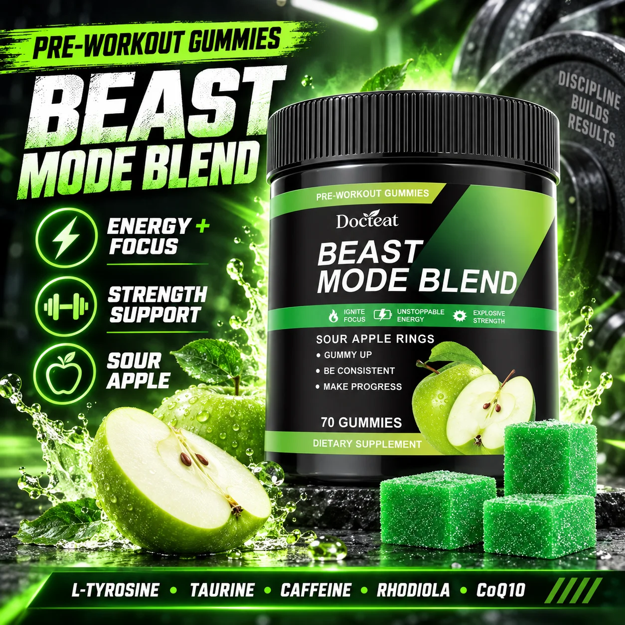 BEAST MODE BLEND Pre-Workout Gummies with Caffeine for Daily Workout Energy, Focus and Endurance Support 70 Gummies