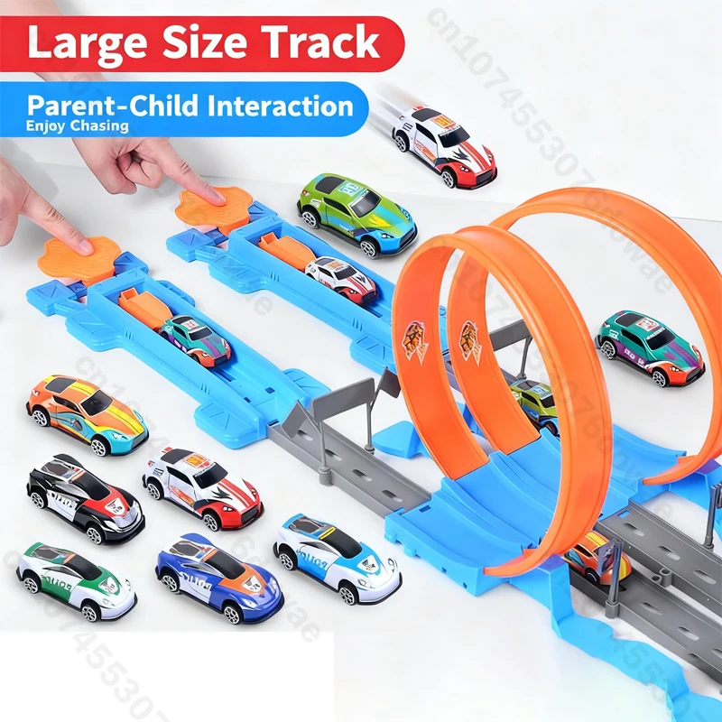 Zabawki samochodowe na podwójnej torze kolejowej, metalowe samochody, model do akrobacji i wyścigów, samochód wyścigowy z napędem pull-back, zestaw do samodzielnego montażu toru kolejowego, zabawka konkursowa, prezent na Boże Narodzenie