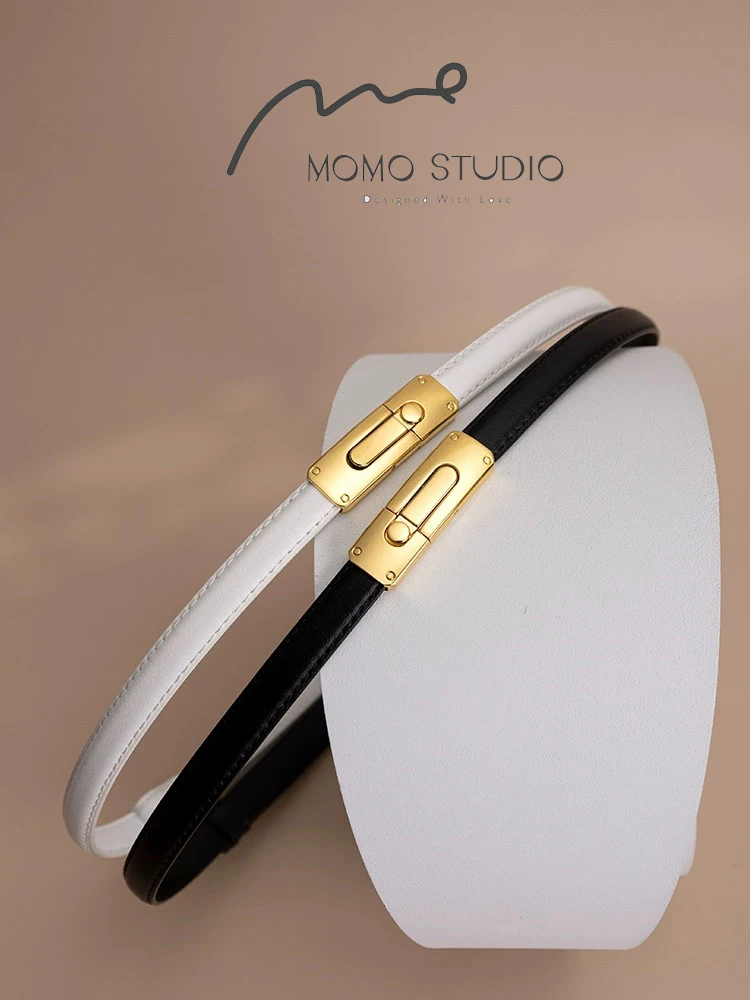 Fashion Genuine Leather Belts Adjustable Gold Buckle Belt Women Thin Cowskin Belts Female Jeans Dress Waistband Black Girdle