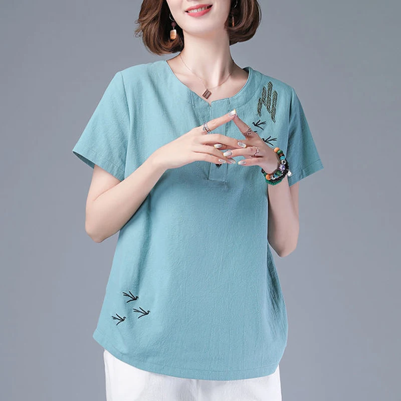 Vintage Ethnic Style Embroidery Round Neck Cotton Linen Shirts Summer Casual Loose Short Sleeve Tops Blouses for Women Clothes