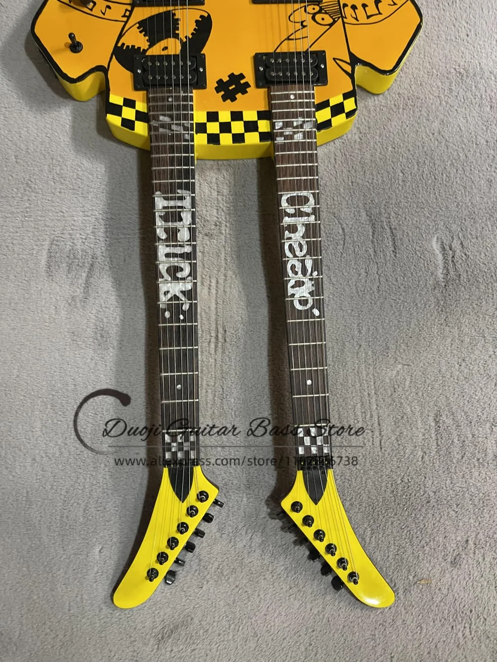 Double-neck guitar, yellow guitar with black grid, high-quality bridge, cheap trick graffiti guitar, solid wood body maple neck