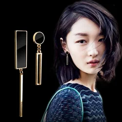 Creative Design Geometric Square Long Asymmetrical Drop Dangle Earrings for Women Korean Trendy Black Enamel Round Party Jewelry