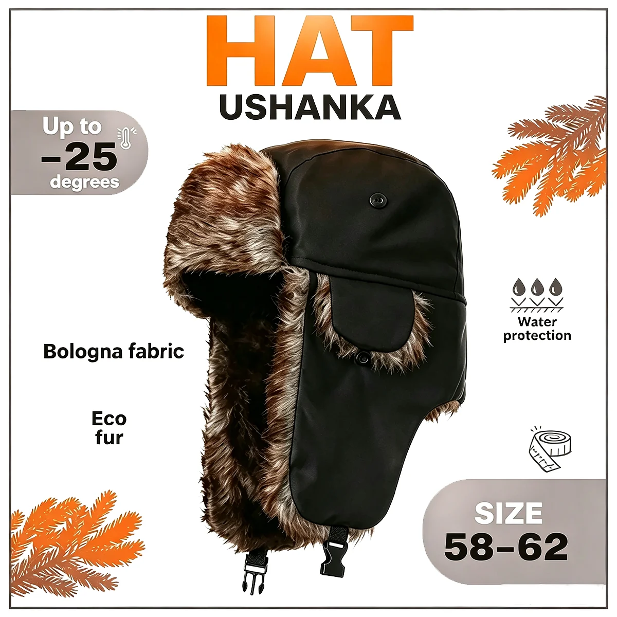 Men's Winter Trapper Aviator Trooper Earflap Warm Russian Waterproof Ski Hat Bomber Cap Russian Warm Ear Protectors Hats