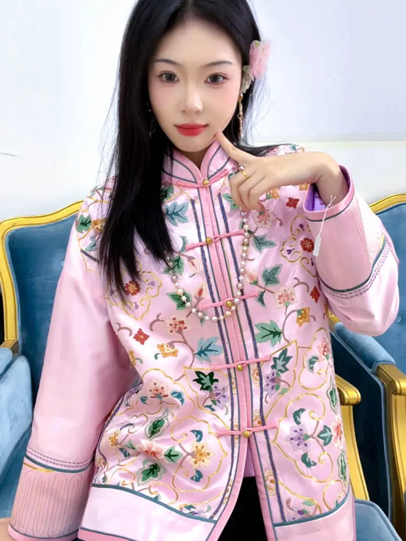 

Хлопковый халат ручной работы с вышивкой, этнический стиль, на одной пуговице, с воротником-стойкой, повседневная одежда, традиционный дизайн