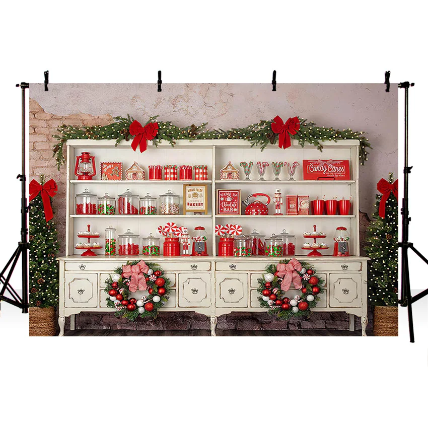 Christmas Photographic Backdrop Solider Doll Shop Cupboard Hot Cocoa Family Festival Background Red Curtain Window Photo Studio