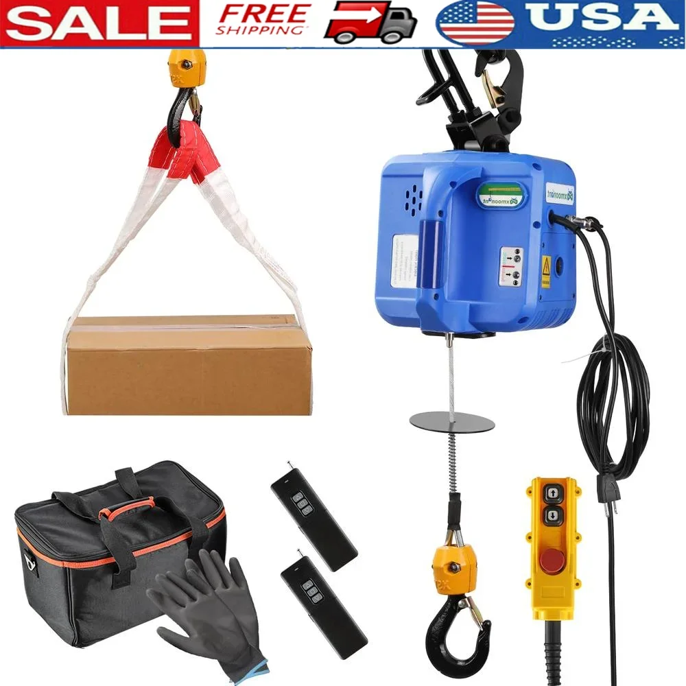 Powerful Electric Hoist 29.5ft Lifting Height 1600W Winch Pendant Remote Control 1100lb Overhead Crane Safety Hook Insulated