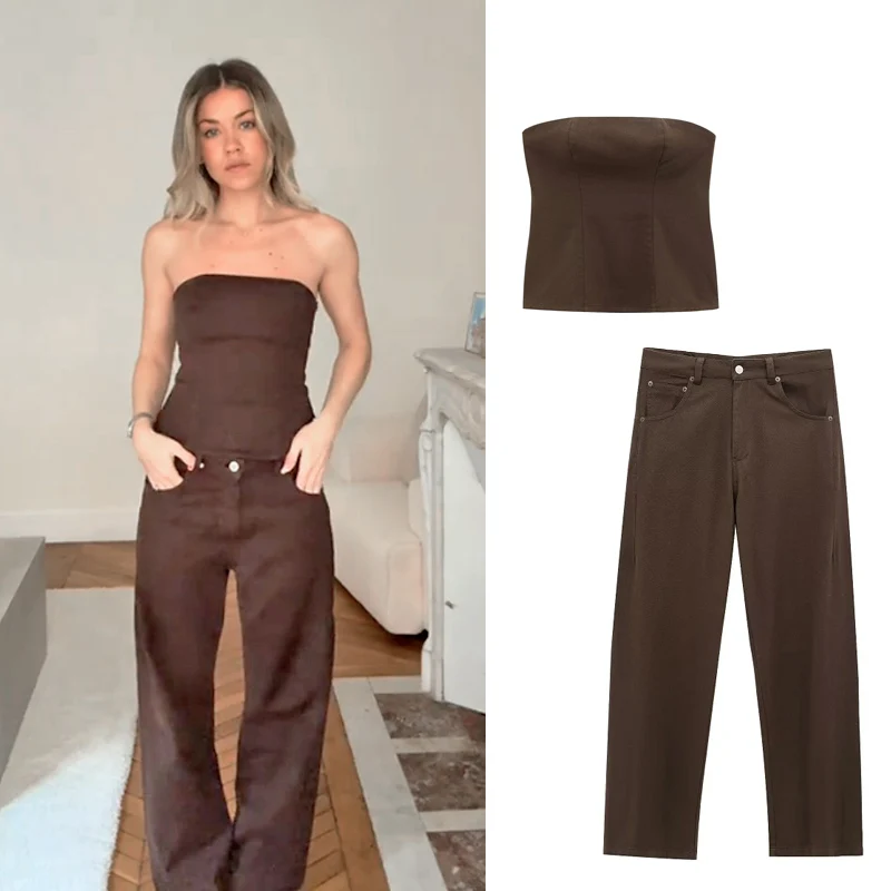

TRAF Brown Denim Pants Set Women's 2025 Spring 2 Pieces Set Outfit Corset Tops Wide Leg Pants Fashion Elegant Trousers Set