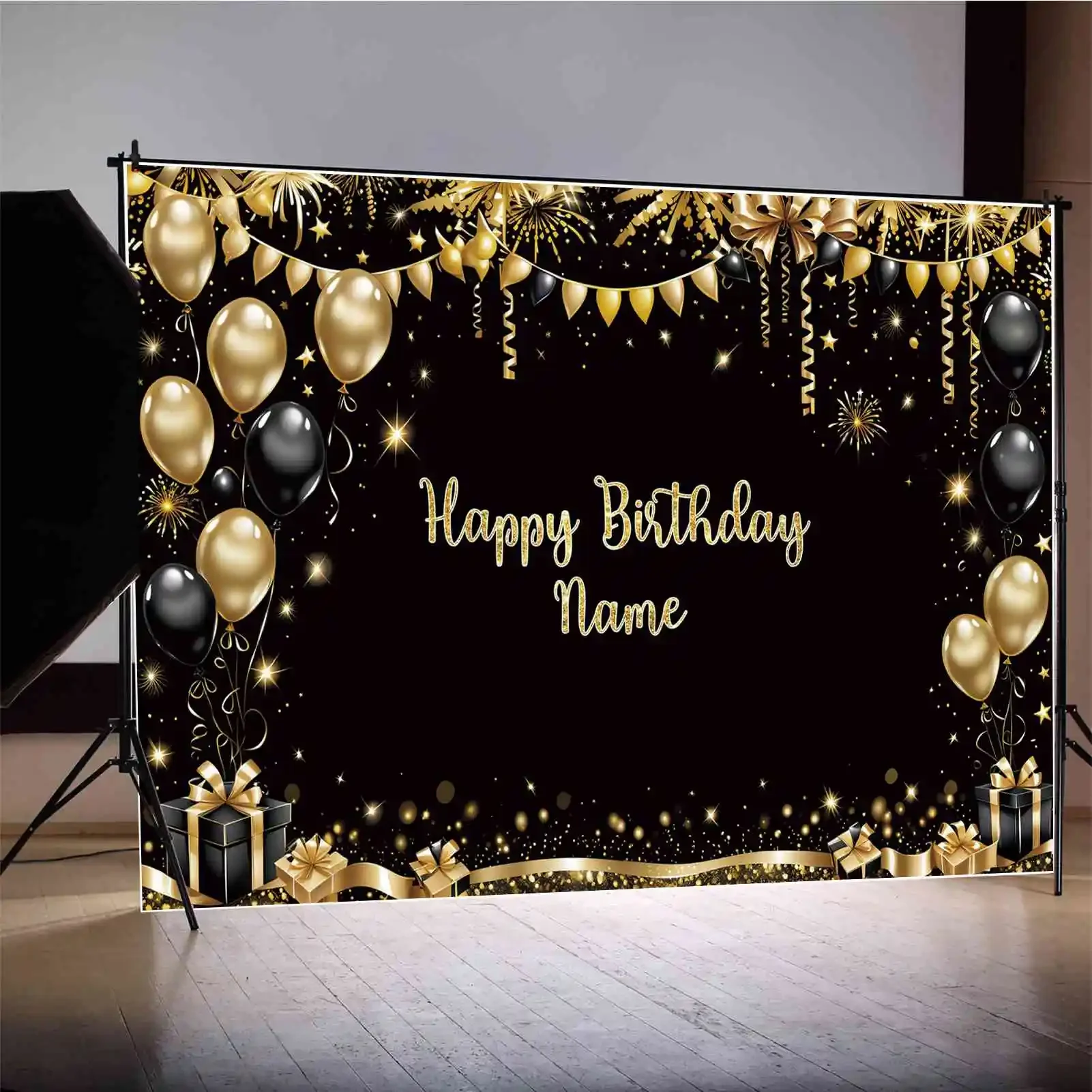 MOON.QG Backdrop Sign Happy Birthday Banner Background for Women Custom Gold Star Balloon Glitter Party Decor Photographic Props