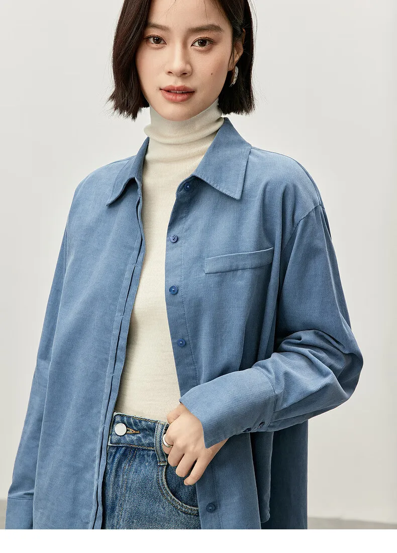 SENTUBILA100% Cotton Shirt Casual Oversized Turn Down Collar Corduroy Blouse Women Drop Sleeve 2024 Autumn Clothing 143C56910