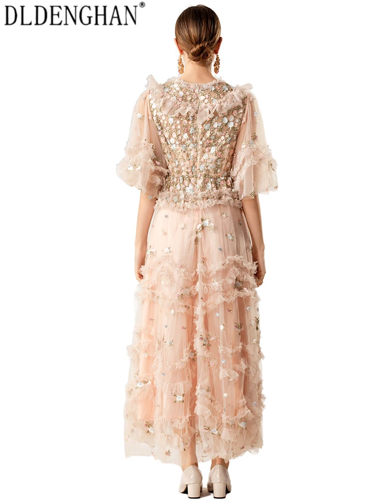 Dldenghan feminino o-pescoço mangas alargamento bordado em camadas borda babados primavera verão boêmio maxi vestido