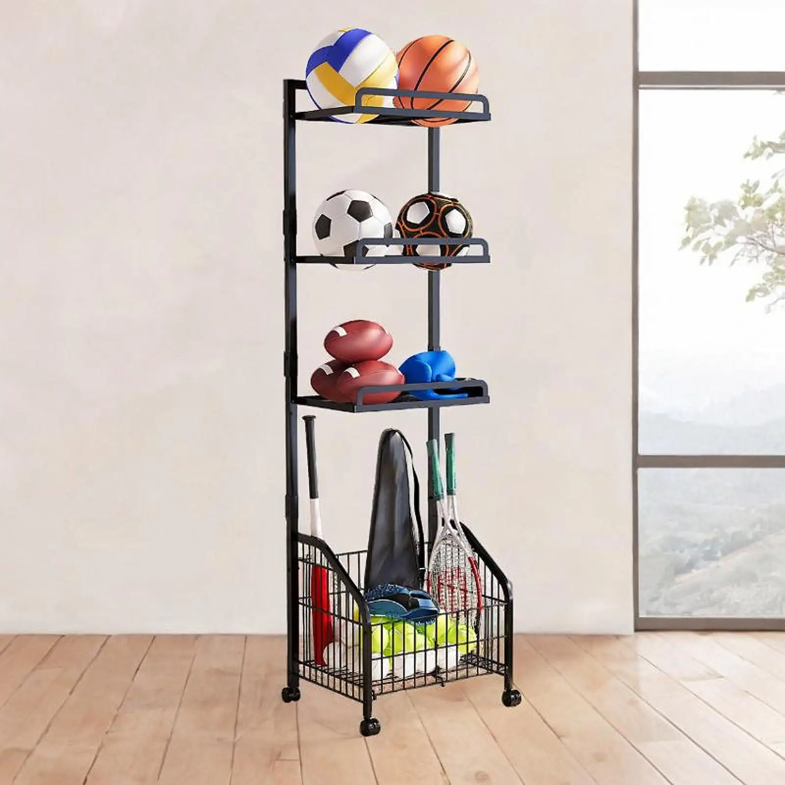 Indoor Basketball Rack Ball Storage Shelf for Sports Gear Badminton Toys