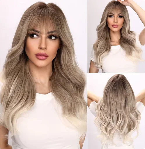 

Smilco Grey To White Long Wavy Wigs With Straight Bangs For Women Cosplay Party Daily Synthetic Fake Hair Heat Resistant Wig