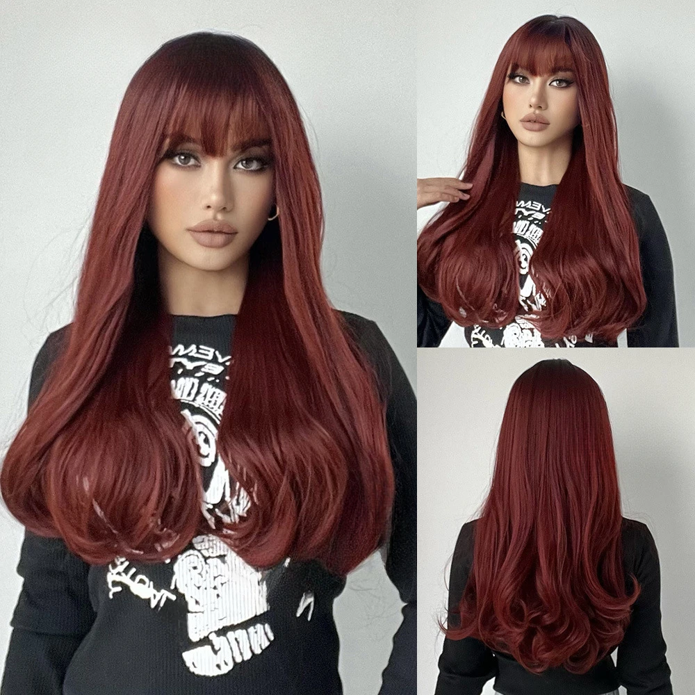 

Red straight Wig with Bangs Long Wavy Burgundy Natural Looking Synthetic Heat Resistant Fiber Wigs for Women Daily Cosplay Use