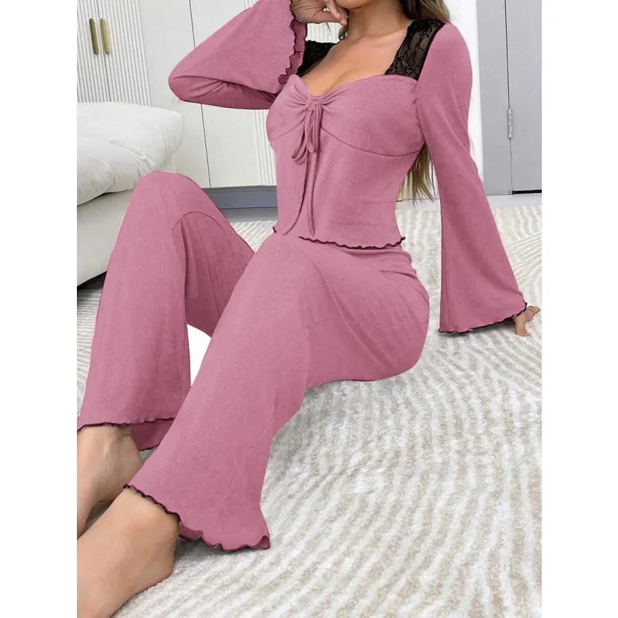 

Spring autumn casual slim sexy Women Sleepwear solid lace Trim Pajamas Set crop Tops and Long Trousers Loungewear pyjamas female