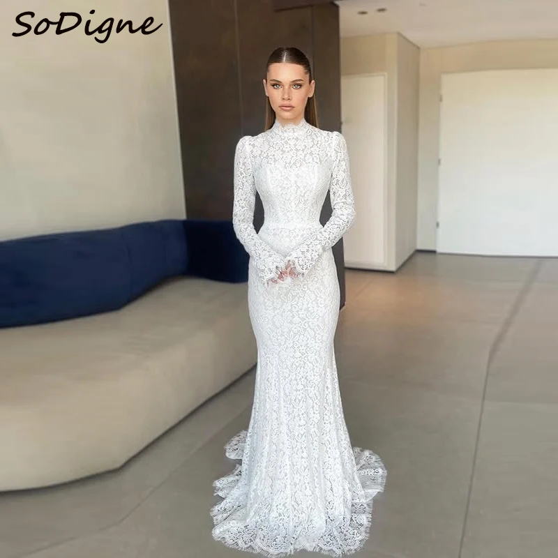 SoDigne Mermaid Lace Wedding Dresses High Neck Full Sleeves Bridal Dress Elegant Wedding Gown Robe De Mairee ﻿Customized