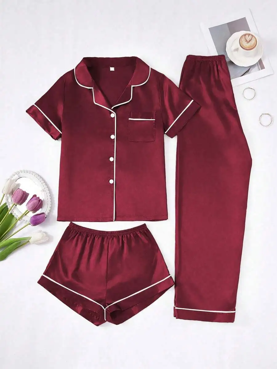 

3-Piece Womens Faux Silk Pajama Set With Contrast Trim Lapel Top And Pants
