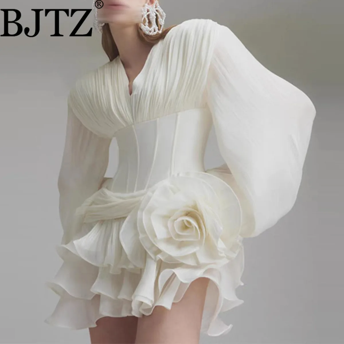 Bjtz estilo francês high-end socialite babados vestido curto 2025 novo decote em v manga puff tridimensional vestido floral para mulher