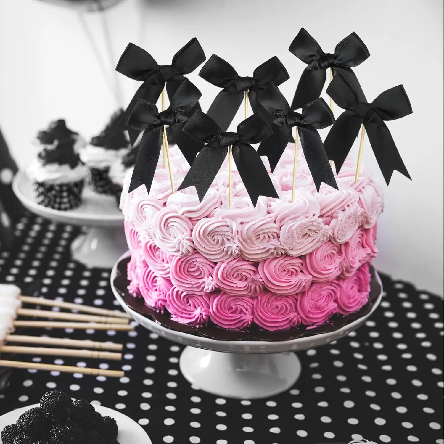 10pcs/Pack Black Pearl Bow Cupcake Topper Bow Cake Topper Coquette Theme Party Decoration for Wedding Bridal Shower Bachelorette view 6
