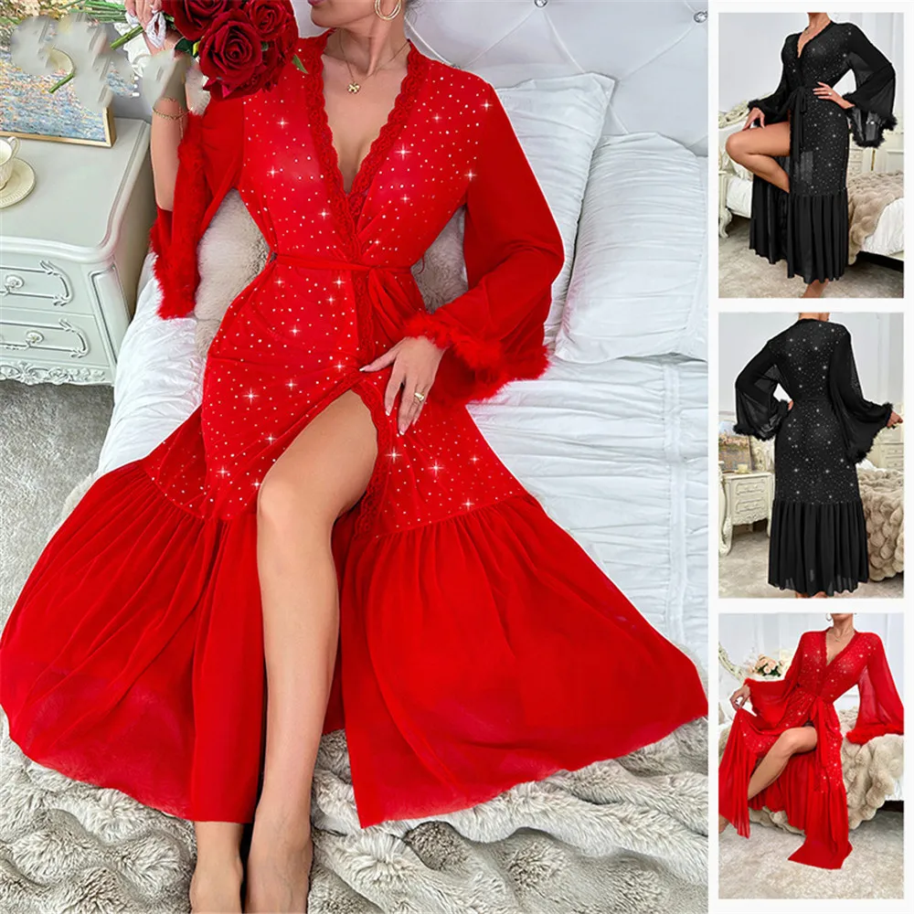 

Spring Autumn Female Long Robe Kimono Sequins Pulsh Cuff Bathrobe Sexy Mesh Sleepwear Home Dress Sleep Dress Lounge Wear