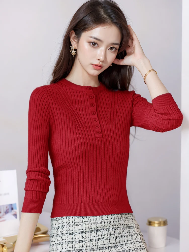 

Red ort Svel Knitted Sweater Women's round Ne Long Sve Slim Fit Inner Wear Top for Autumn Winter Faionable Bas...