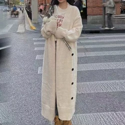 V-neck Long Sleeved Sweater Knit Cardigan Long Coat Casual Solid High Street Autumn Winter Diagonal Buckle Warm Women Clothing