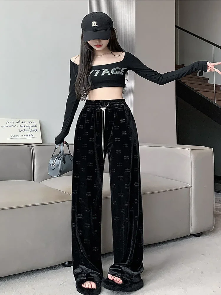 Velour High Waisted Pants Woman Print Wide Leg Belted Comfortable Elastic Waist Black Autumn Winter 2024 Fashion Clothing