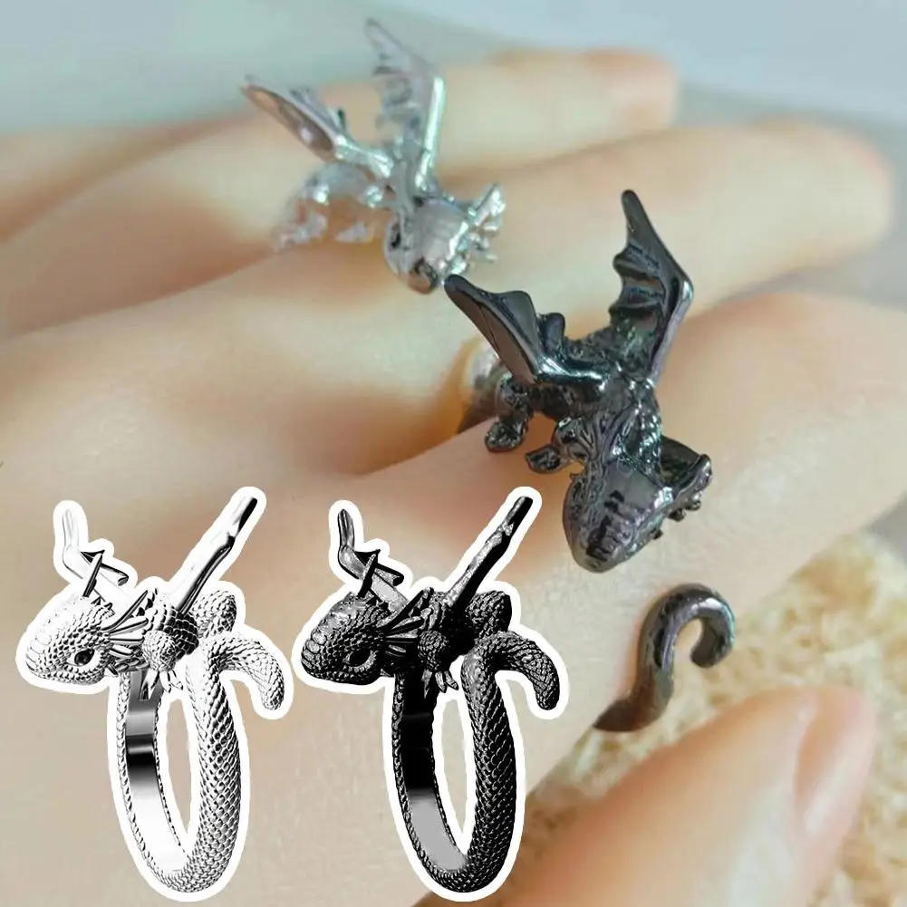 Vintage Dark Dragon Opening Rings dla mężczyzn Kobiety Śliczne zwierzę Srebrny kolor Metal Punk Fashion Finger Fashion Jewelry Party