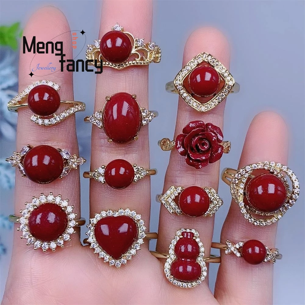 

Natural Cinnabar Copper Inlaid Ring Gold Plated Shiny Zircon Flower Heart Gourd Shape Lucky Rings Adjustable Couple Holiday Gift