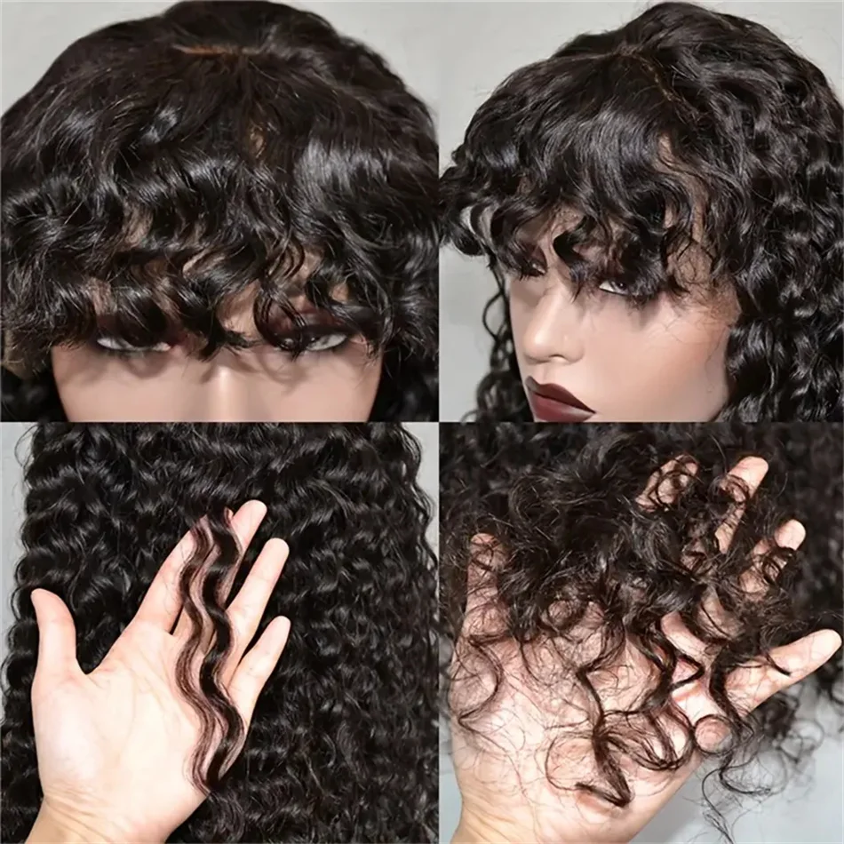 Cheap Deep Curly Brazilian Human Hair Wig with Bangs Machine Made Wigs for Women Human Hair Water Wave Wigs On Sale Promotion