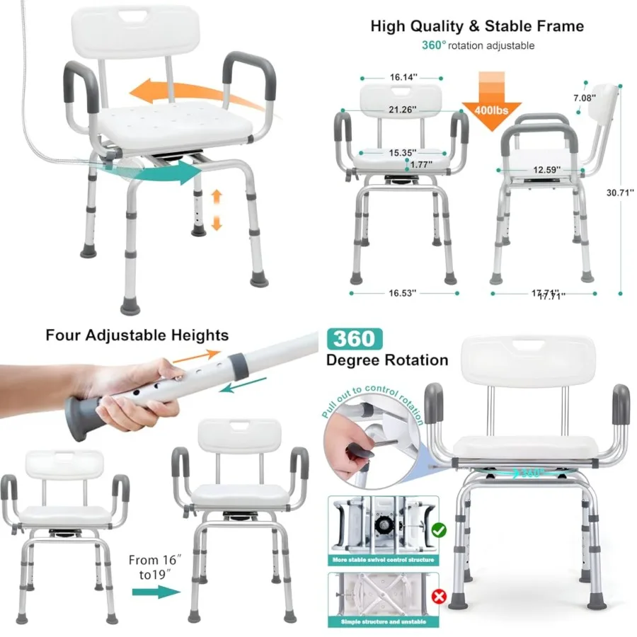 

360 Degree Shower Chair Swivel, Portable Seat with Armrests and Back, Adjustable Height Seat for Bathtub White1
