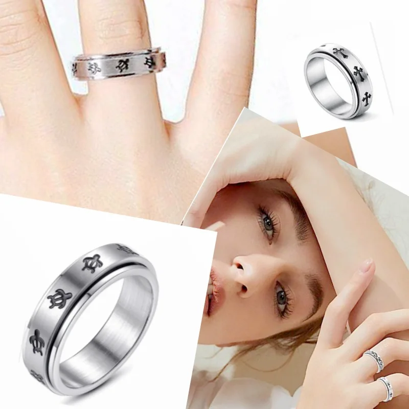 Anti Stress Rotating Couple Rings For Lovers Tortoise And Cross Stainless Steel Fidget Spinning Anxiety Ring Anillo Antiestres