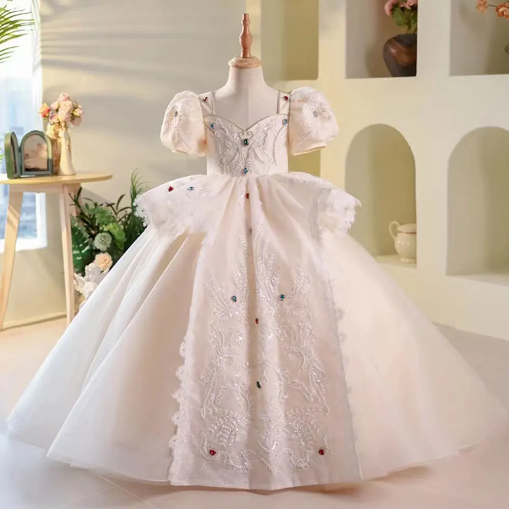 Jill Wish Luxury Elegant White Flower Girl Dress Beads Arabic Princess Kids Wedding Birthday Party Ball Gown Communion 2025 J248