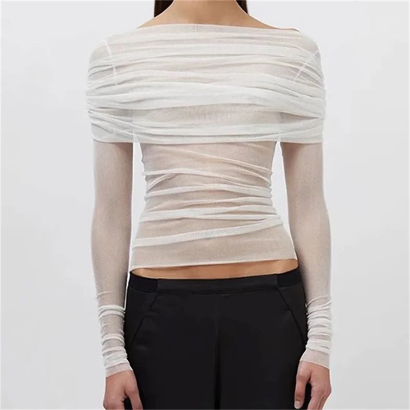 T-shirts New semi transparent mesh slim fit women's long sleeved top for spring 2025 Sexy off the shoulder Crop top y2k corset