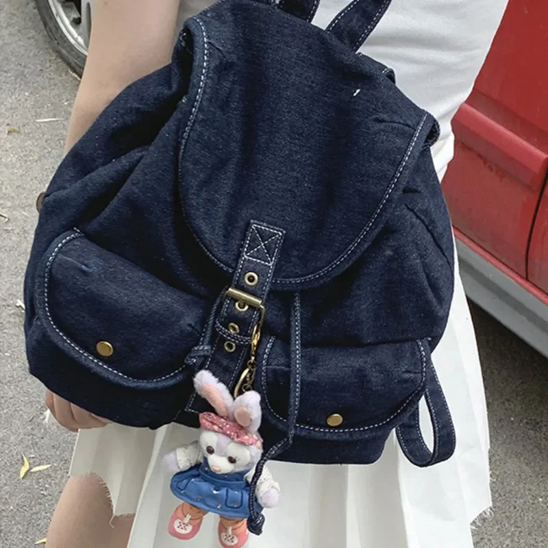 

Leisure Denim Backpacks For Women Hasp Flap Pocket Softback Shoulder Bags Chic High Quality Large Capacity Versatile Travel Bags