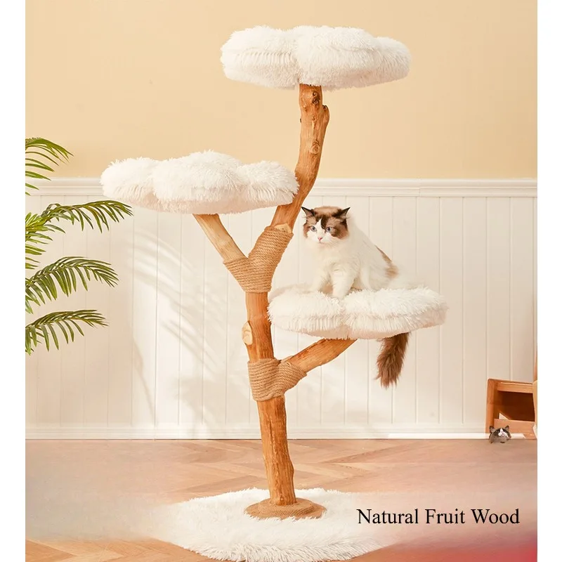 Cloud Shape Solid Wood Cat Tower, Large Integrated Jump Perch & Cat Condo, Space Saving Luxury Cat Furniture