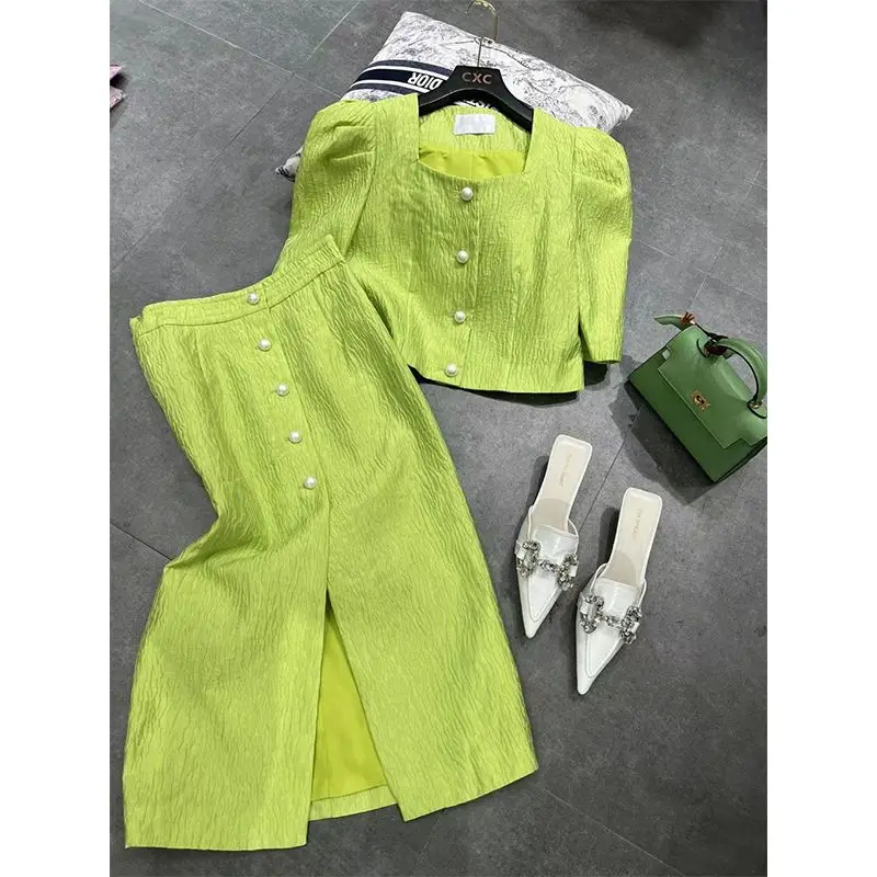 

Women Elegant Chic Fragran Matching Outfits Shirt Tops And Split Skirt Two Piece Set 2023 New Summer Formal Party Suit Clothing