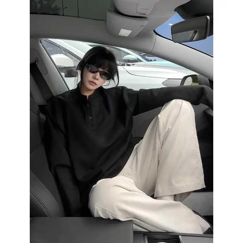 هينلي الرقبة العادية الكتف للجنسين البلوز الخريف النمط الأمريكي الجديد المرقعة تصميم كم طويل طبقة قاعدة أعلى